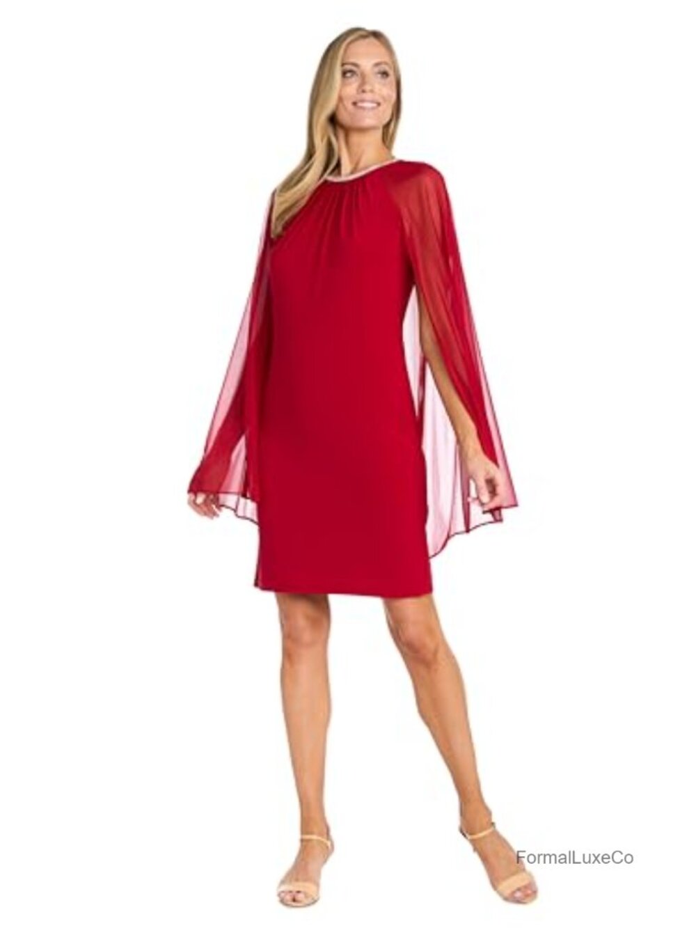 Embellished ITY Shift Dress Chiffon Cape Sleeves Knee-Length Cocktail